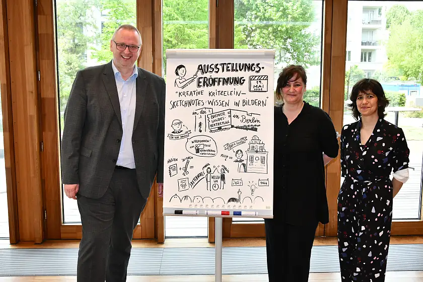 Zu sehen ist der Bevollmächtigte Dr. Olaf Joachim, Maria Santos und Dr. Maria Nunes Haus der Wissenschaft, neben der gezeichneten Sketchnote der Veranstaltung. Zu sehen ist der Bevollmächtigte Dr. Olaf Joachim, Maria Santos und Dr. Maria Nunes Haus der Wissenschaft, neben der gezeichneten Sketchnote der Veranstaltung.