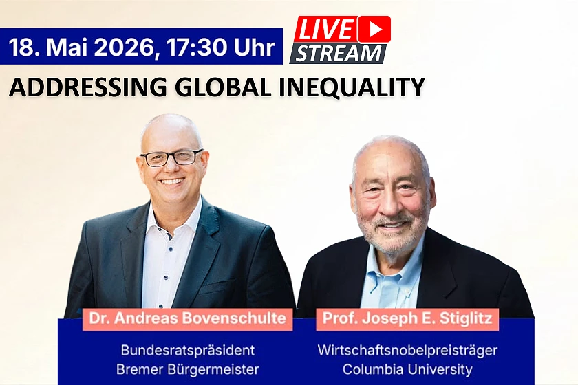 Auf dem Bild ist die Veranstaltungsankündigung zu sehen mit einem Bild von Dr. Andreas Bovenschulte und Nobelpreisträge Prof. Joseph E. Stieglitz