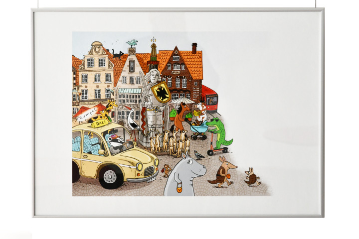 Blick auf ein Bild mit Zeichnungen von Bremen.