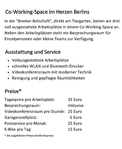 Auf dem Bild ersichtlich ist ein Angebot zum Co-Working-Space. Für Angebote können Sie sich auch per Mail unter veranstaltungen@lvhb.bremen.de informieren.